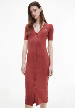 Calvin Klein Midi-jurk CK BUTTON THROUGH RIB LONG DRESS Met Ribstructuur
