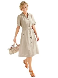 Taifun Gedessineerde Jurk Met Een All-over Motief En Volants Bij De Zoom -TrendyTijd Verkoop casual looks jurk met overhemdkraag jurk beige