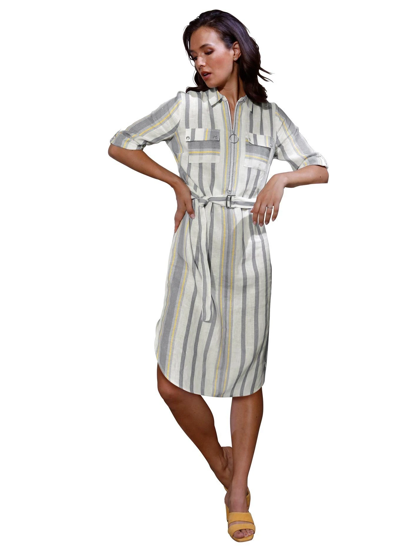 CREATION L PREMIUM Kokerjurk Linnen Jurk Met Overhemdkraag 3 CREATION L PREMIUM Kokerjurk Linnen Jurk Met Overhemdkraag