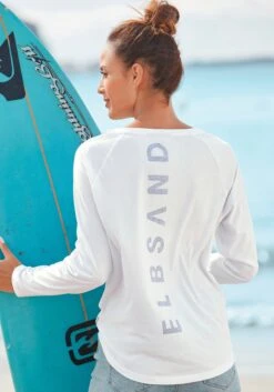 Buffalo Midi-jurk Van Zacht Ribmateriaal 28 Buffalo Midi-jurk Van Zacht Ribmateriaal -TrendyTijd Verkoop elbsand longsleeve tinnia met logoprint achter wit 1