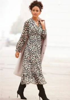 Vivance Maxi-jurk -TrendyTijd Verkoop lascana midi jurk met print all over en ruchedetail aan de rok zwart