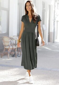 Vivance Gedessineerde Jurk Van Geweven Viscose -TrendyTijd Verkoop lascana midi jurk met ritssluiting bij de hals groen