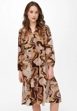 Only Gedessineerde Jurk ONLNAJA 7/8 CALF DRESS Met Volant