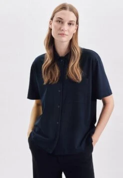 Heine Wikkeljurk Gedessineerde Jurk -TrendyTijd Verkoop seidensticker overhemdblouse zwarte roos korte mouwen kraag uni blauw