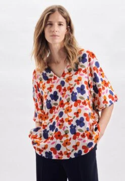 Cecil Gedessineerde Jurk -TrendyTijd Verkoop seidensticker shirtblouse zwarte roos 3 4 mouwen v hals in bloemmotief beige