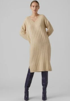 Classic Inspirationen Gedessineerde Jurk -TrendyTijd Verkoop vero moda tricotjurk vmdoffy ls v neck rib dress ga boo beige
